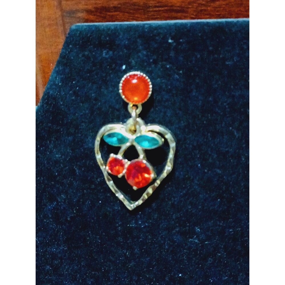 Gold-Toned Heart Earrings w/ Cherries - Picture 3 of 3